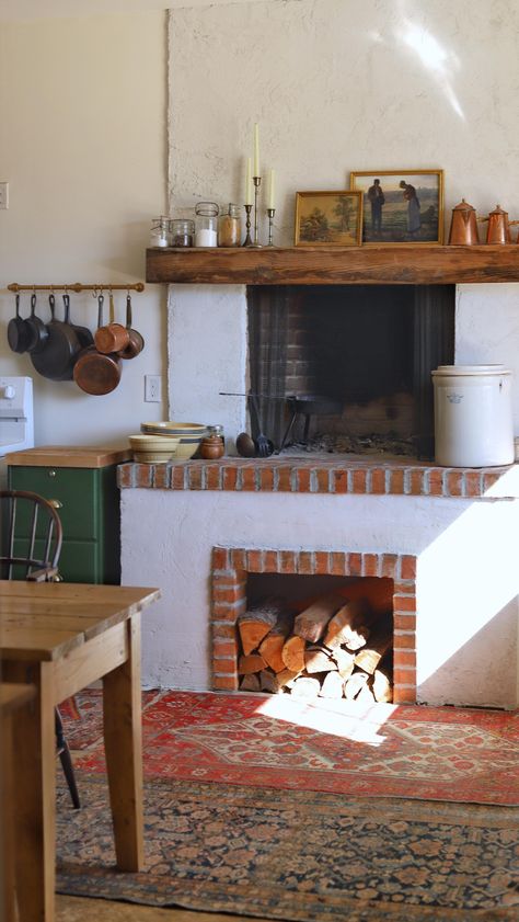 Micah Guenther (@brookandbramblefarm) • Instagram photos and videos Countertop Height, Kitchen Hearth, Colonial Kitchen, English Country Cottage, Farm Cottage, Kitchen Fireplace, Primitive Kitchen, Brick Tiles, Italian Kitchen