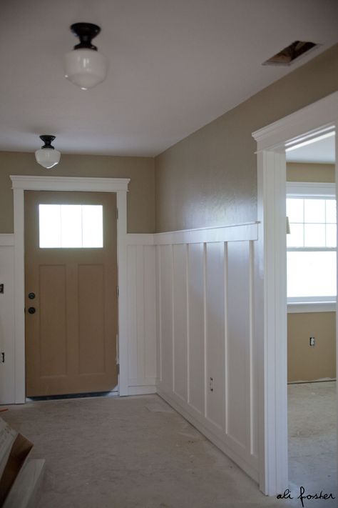 Entry Wainscoting, Paint Door, School House Lighting, Board Batten, Door Black, Door White, Sherwin Williams Paint Colors, Kitchen Family Rooms, Paint Paint