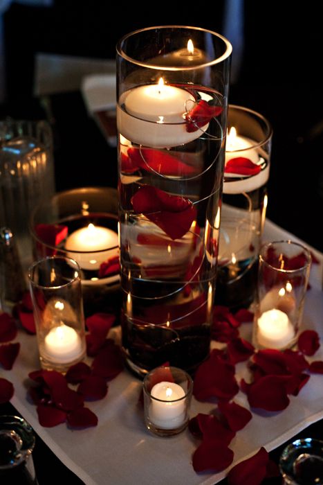 not sure if you would like this idea...but it could be a good idea for centerpieces without bouquets of flowers.... Seems simple, easy, and inexpensive! Obviously with some blush pink petals instead of red! Just a thought! :) Valentine Surprise, Purple Table, Wine Dinner, Picnic Ideas, Flowers Purple, Wedding Suite, Red Candles, Wedding Table Decorations, Candles Crafts