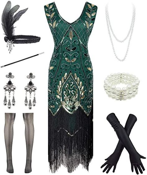 Women 1920S V Neck Sequined Beaded Gatsby Flapper Dress with 20s Accessories Set 1920 Women's Fashion, Great Gatsby Party Dress, 20s Accessories, Women 1920s, Rumba Dresses, Gatsby Party Dress, Sequin Mermaid Dress, Art Deco Party, Flapper Party