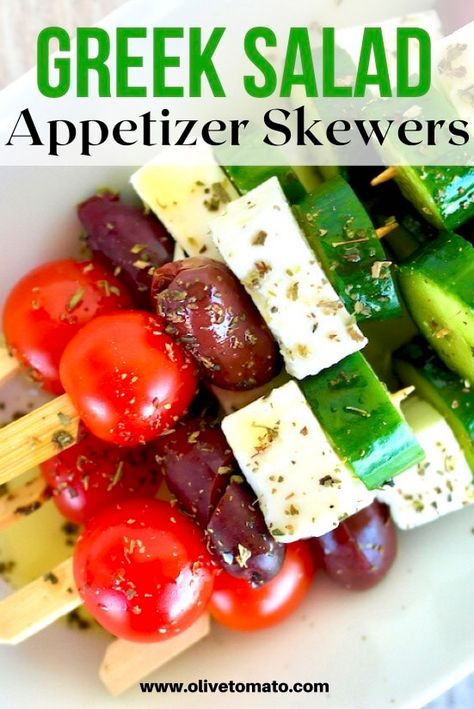 Greek Salad Skewers | Olive Tomato Salad Kabobs, Appetizer Skewers, Salad Skewers, Olive Tomato, Greek Appetizers, Skewer Appetizers, Kabob Recipes, Charcuterie Inspiration, Summer Snacks