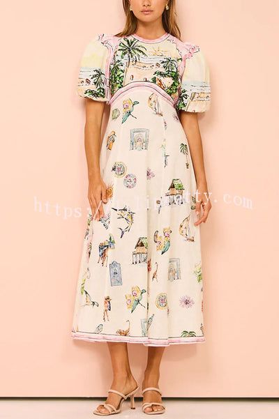 Dress Painting, Puff Sleeve Midi Dress, Vacation Wear, Midi Dress Summer, Summer Sunset, European Summer, Sleeve Midi Dress, Printed Maxi, Womens Midi Dresses