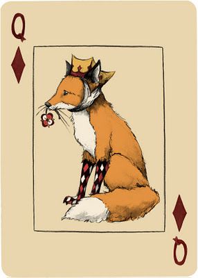 A "wistful, almost sad, lady fox" Queen of Diamonds playing card, by Lisa Anchin Jack Card, Jack Of Diamonds, Cool Playing Cards, Queen Of Diamonds, Unique Playing Cards, Play Your Cards Right, Made Me Smile, Playing Cards Art, Drawing Table