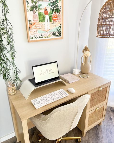 White Desk With Rattan Chair, Beige Chair Desk, Grey With Light Wood, Small Boho Desk, Wicker Desk Chair, Bedroom Inspirations Desk, Boho Office Chair, Brown And White Desk, Boho Desk Ideas