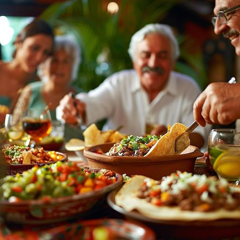 Group of senior people having a meal together with mexican food Table Of Food Photography, People Sharing Food Photography, People With Food Photography, People Eating Food Photography, Social Gathering Aesthetic, People Eating Photography, Family Dinner Photography, Mexican Family Aesthetic, People Eating Together