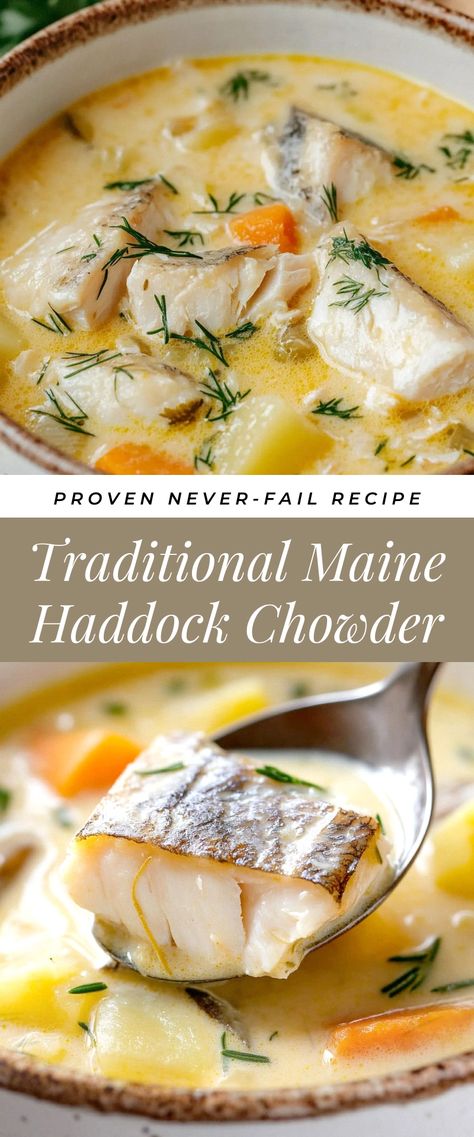 Image for Traditional Maine Haddock Chowder Haddock Chowder Maine, New England Fish Chowder, Fish Chowder Recipe Haddock, Haddock Chowder Recipe, Fish Chowder Recipe New England, Fish Chowder Recipe, New England Seafood, Shrimp Pasta Recipes Easy, Haddock Recipes