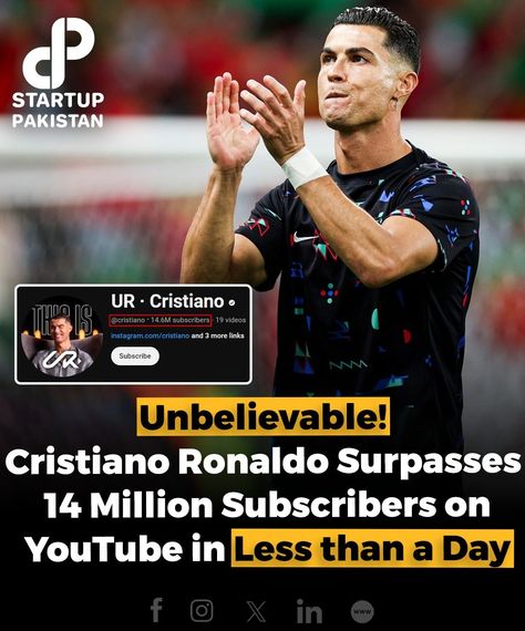 Cristiano Ronaldo's new YouTube channel, UR Cristiano, has shattered records with 14 million subscribers less than a day! 

He announced the launch on social media, and within 90 minutes, 1 million subscribers joined, soaring to 4 million in four hours. 

The channel offers a glimpse into Ronaldo's life, passions, and interests. 

#Ronaldo #YouTube #RecordBreaker #URCristiano #CristianoRonaldo #FootballLegend #SocialMedia #GlobalInfluence Ur Cristiano, Ronaldo Youtube, 10 Million Subscribers, 1 Million Subscribers, New Youtube Channel, Million Subscribers, 10 Million, Cristiano Ronaldo, 1 Million