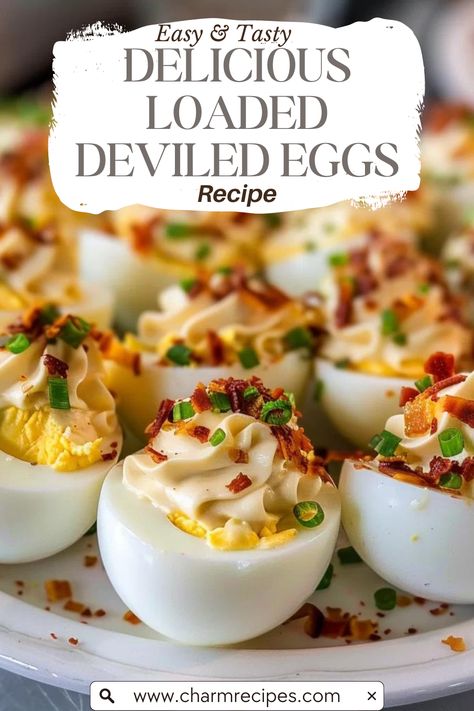 Loaded Deviled Eggs take the classic deviled egg to new heights of flavor and indulgence. By incorporating ingredients commonly found in loaded baked potatoes, such as crispy bacon, sharp cheddar cheese, and fresh chives, these deviled eggs become a savory, creamy delight that's hard to resist. Perfect for gatherings, picnics, or as a flavorful appetizer, Loaded Deviled Eggs are sure to impress with their combination of traditional simplicity and bold, modern twists. The Best Deviled Eggs Recipe, Homemade Deviled Eggs, Recipe For Deviled Eggs Easy, Deviled Egg Halloween, Thanksgiving Orderves, Cheddar Bacon Deviled Eggs, Best Ever Deviled Eggs Recipe, Thanksgiving Recipes Deviled Eggs, Savory Deviled Eggs