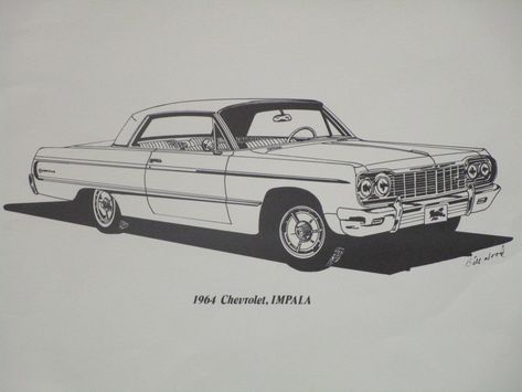 1964 Chevy Impala 1967 Chevy Impala Tattoo, 1967 Chevy Impala Drawing, Old School Car Drawing, Lowrider Sketch, Old Cars Drawing, Low Riders Drawings, Classic Car Tattoo, Chevrolet Tattoo, Impala Drawing