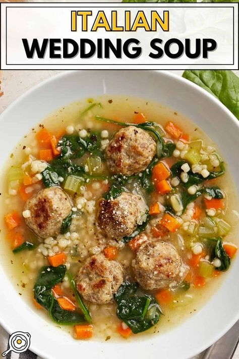 This cozy Italian Wedding Soup recipe features tender and flavorful meatballs, vegetables, and pasta in a delicious chicken broth. Pressure Cooker Italian Wedding Soup, Italian Wedding Soup Instant Pot, Instant Pot Italian Wedding Soup, Italian Wedding Soup Authentic, Soup Recipe Instant Pot, Soup With Meatballs, Instant Pot Italian, Crockpot Express, Italian Wedding Soup Recipe