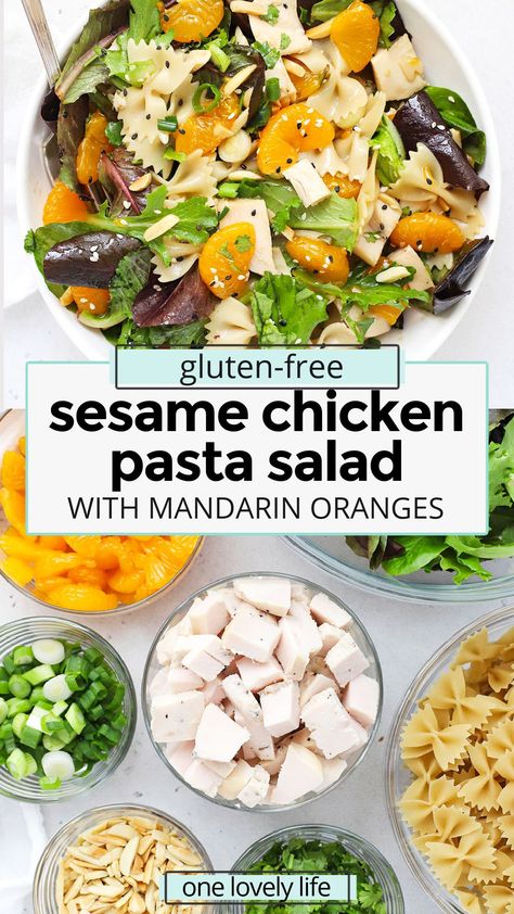 Sesame Chicken Pasta Salad - Sesame pasta salad with mandarin oranges & a tangy Asian-inspired dressing make this the perfect summer recipe! (Gluten-Free or Not) / gluten-free pasta salad recipe / chicken pasta salad recipe / summer salad // easy pasta salad / asian pasta salad / mandarin pasta salad / gluten-free BBQ side dish / gluten-free potluck recipe / dinner salad / gluten-free pasta // pasta salad no mayo / pasta salad without mayo / pasta salad with vinaigrette / pasta salad dressin Mandarin Pasta Salad, Gf Salads Gluten Free, Gluten Free Chicken Pasta Salad, Sesame Pasta Salad, Pasta Salads Without Mayo, Pasta Salad No Dairy, Gluten Free Cold Pasta Salad, Mayo Free Pasta Salad, No Mayo Pasta Salad Recipes