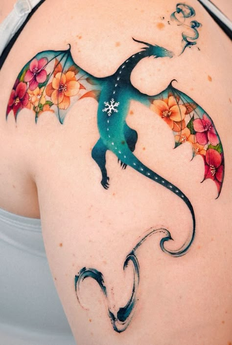 Watercolour Dragon Tattoo, Watercolor Shoulder Tattoo, Feminine Dinosaur Tattoo, Beautiful Dragon Tattoo, Woodland Tattoo Ideas, Colorful Shoulder Tattoos For Women, Dragon Tattoo For Women Arm, Matching Dragon Tattoos, Sisu Tattoo