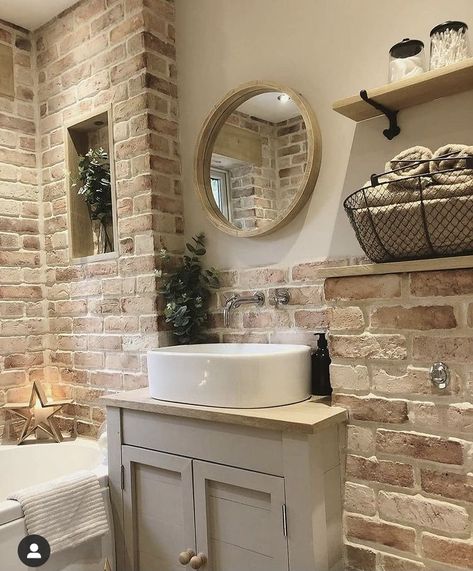 Brick Bathroom, Bathroom Farmhouse Style, Farmhouse Inspiration, Brick Walls, Farmhouse Bathroom Decor, Rustic Bathroom, Bathroom Renos, Farmhouse Sink, Farmhouse Homes