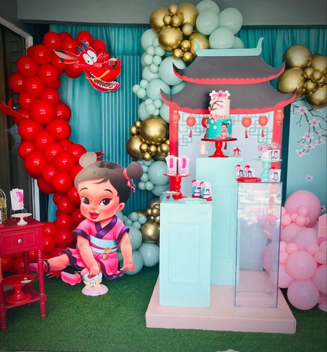 Mulan 1st Birthday Party Ideas, Mulan Theme Party, Mulan Baby Shower Theme, Mulan Centerpiece Ideas, Mulan Themed Birthday Party, Mulan Birthday Party Ideas, Chinese Birthday Party Ideas, Mulan Party Decorations, Chinese First Birthday