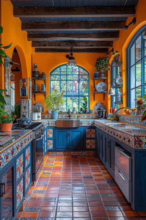 Mexican Farmhouse Decor Tips | Green Snooze Mexican Talavera Tile Kitchen, Arizona Casita, Mexican Aesthetic Home Decor, Azulejos Kitchen, Hacienda Style Homes Mexican Kitchen, Mexican House Aesthetic, Hacienda Home Decor, Mexican Houses Interior, Mexican Culture Aesthetic