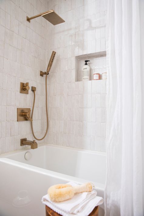 One Room Challenge ~ Week 6 Reveal Square Tile Tub Surround, Bathroom Inspo With Tub, 80s Bathroom Remodel, Bathroom Shower Insert, Bathrooms 2024, Kids Bathtub, Master Remodel, Shower Soap Dispenser, Bathtub Shower Combo