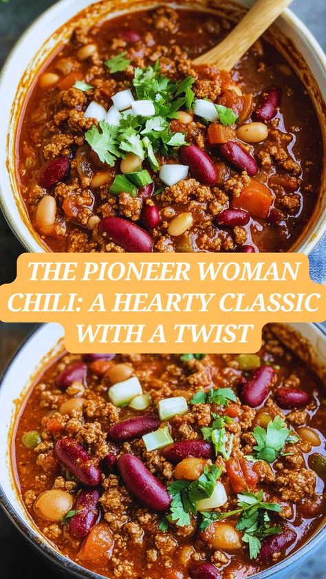 Ready for the ultimate comfort food? Try The Pioneer Woman’s famous chili recipe! 🌶️ Packed with ground beef, aromatic spices, and kidney beans, this chili is simmered to perfection, creating a heartwarming dish that’s perfect for any chilly evening. It’s easy to make, incredibly delicious, and sure to become a staple in your home. Top it off with cheese, sour cream, and a sprinkle of cilantro for the perfect finish! Chili Recipe Pioneer Woman, Pioneer Woman Chili, Award Winning Chili Recipe, Chili Recipe Stovetop, Ground Beef Chili, Beef Chili Recipe, Chili Beans, Bean Chili Recipe, Best Chili Recipe