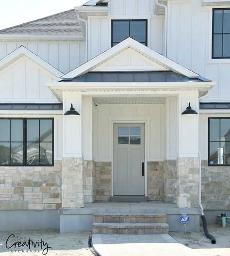 Modern Farmhouse Door Exterior Shot Elevation Homes Utah Stone Exterior Houses, White Exterior Houses, Farmhouse Exterior Design, Door Exterior, Farmhouse Door, Farmhouse Doors, Modern Farmhouse Exterior, Exterior Remodel, Casa Exterior