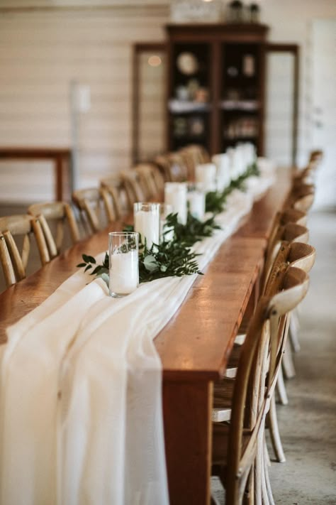 Copper Table Runner, Greenery Runner With Candles, Ivory Table Runner Wedding, Plain Wedding Tables, Cream And Greenery Wedding, Table Runner Wedding Ideas, Table Runner With Candles, Rectangle Wedding Tables, Long Wood Table