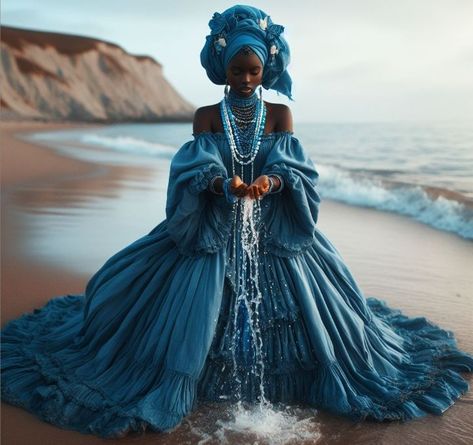 Yemoja Orisha Goddesses, African Water Goddess, Yemaya Orisha, Elegant Maternity Dresses, Orishas Yoruba, Altar Art, African Goddess, Black Royalty, African Spirituality