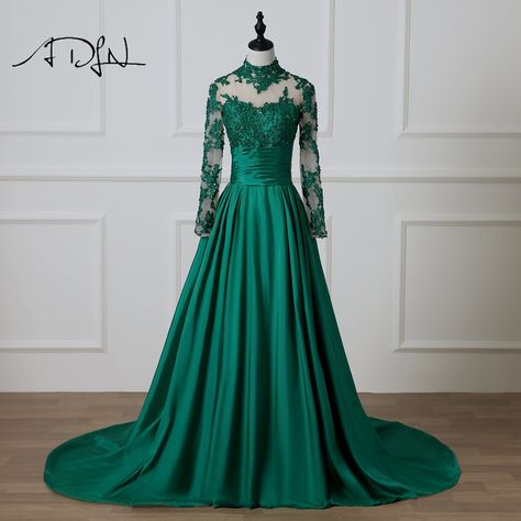 Find More Evening Dresses Information about ADLN Modest Long Sleeves Evening Dress with Open Back Custom Made A line High Neck Green Taffeta Formal Party Gown,High Quality Evening Dresses from ADLN Official Store on Aliexpress.com Formal Dresses Green, Green Evening Dresses, Prom Dresses Green, Lace Prom Dresses, Green Evening Dress, Fashionable Dress, Dress Embroidery, Dresses Green, Prom Dress Stores