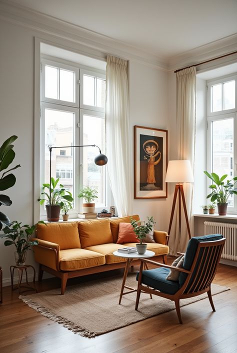 Living Room interior in Scandinavian style Scandinavian Vintage Living Room, Art Deco Scandinavian Interior, Danish Home Decor Scandinavian Design, Scandi Chic Interiors, 70s Scandinavian Interior, Scandinavian Interior With Color, Danish Design Living Room, Swedish Style Home, Denmark Apartment