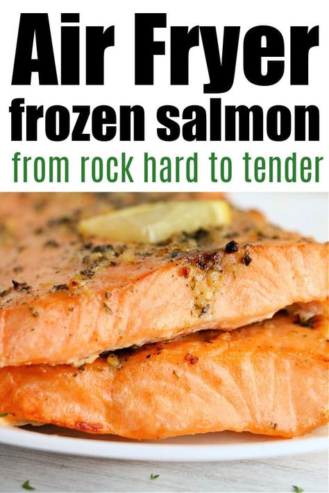 Frozen salmon in air fryer is so easy! From rock hard to flaky and tender in no time you should try fish in a Ninja Foodi or other brand. #frozensalmon #airfryerfrozensalmon #airfryersalmon #frozenfish Frozen Salmon In Air Fryer, Air Fryer Frozen Salmon, Air Fryer Ninja Foodi, Frozen Salmon Recipe, Air Fryer Ninja, Cook Frozen Salmon, Salmon In Air Fryer, Air Fryer Recipes Salmon, Frozen Fish Fillets