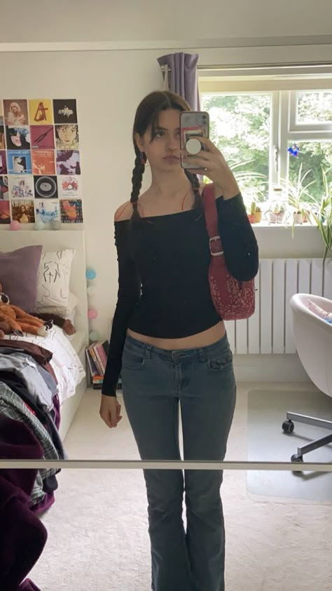 vintage red dynk bag, black off the shoulder long sleeve, low waisted bootcut blue jeans Fits With Bootcut Jeans, Low Waist Jeans Outfit Fall, Jeans With Long Sleeve Shirt, Low Waisted Bootcut Jeans Outfit, Low Rise Jeans Long Sleeve, Off Shoulder Top Outfit Casual Jeans, Low Rise Blue Jeans Outfit, Low Rise Bootcut Jeans Outfit, Jeans And Long Sleeve Shirt Outfits