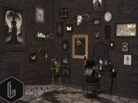 The Sims Resource - Very goth wall decoration set Modern Goth Decor, Witch Living Room, Sims 4 Cc Goth, Living Room Sims 4, Goth Wall Art, Modern Goth, Gothic Wall Decor, Dark Paintings, Jungle Adventure