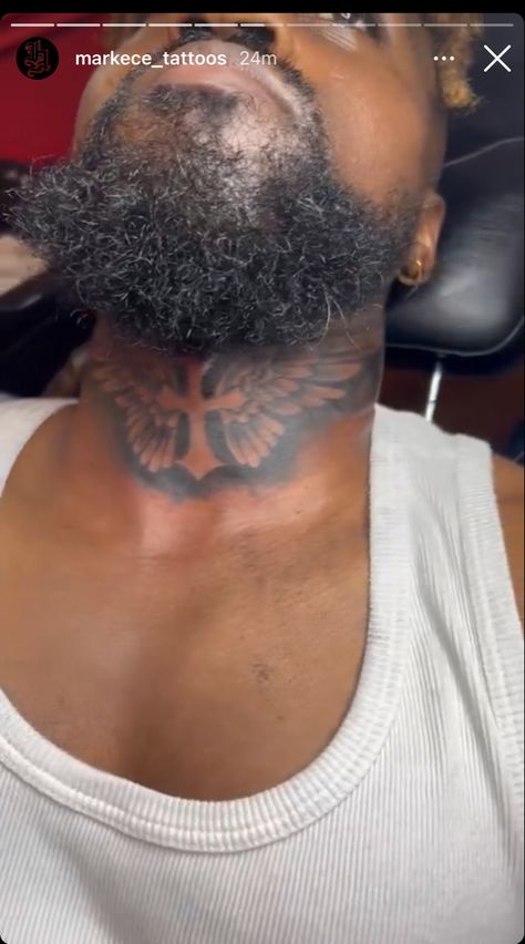 Neck tattoo Neck Tattoo For Guys Middle, Front Neck Tattoos For Men Design, Chosen 1 Neck Tattoo, Best Neck Tattoos Men, Cross Neck Tattoo Men, Neck Tats Men, Middle Neck Tattoo, Boy Neck Tattoos, Middle Neck Tattoo Men