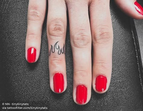 Fire flame Finger Tattoos Red, Tattoos Red Ink, Girl Finger Tattoos, Tiny Finger Tattoos, Stick Poke Tattoo, Small Finger Tattoos, Finger Tattoo For Women, Finger Tats, Flame Tattoos