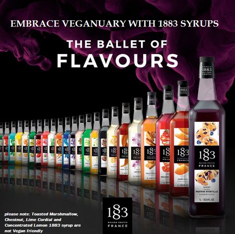 Over 90 flavours to choose from with 1883 syrups that are Vegan free Syrup Packaging, Power Points, Toasted Marshmallow, Cafe Shop, Mocktails, Vegan Friendly, Cappuccino, Syrup, Strawberries