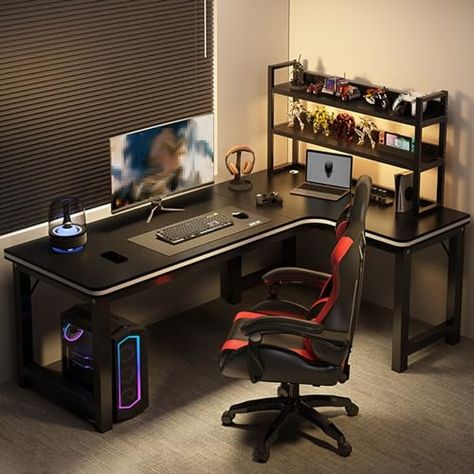 L-Shaped Gaming Desk, 90° Corner Computer Desk, Computer Table with Storage Shelves, H-Shaped Table Leg Bracket, Optional Left and Right Angles, Black Computer Table L Shape, Gaming Room Setup Corner Desk, Bedroom Computer Desk, Table Leg Brackets, Corner Gaming Desk, L Shaped Gaming Desk, Gaming Desk Setup, Reading Desk, Corner Computer Desk