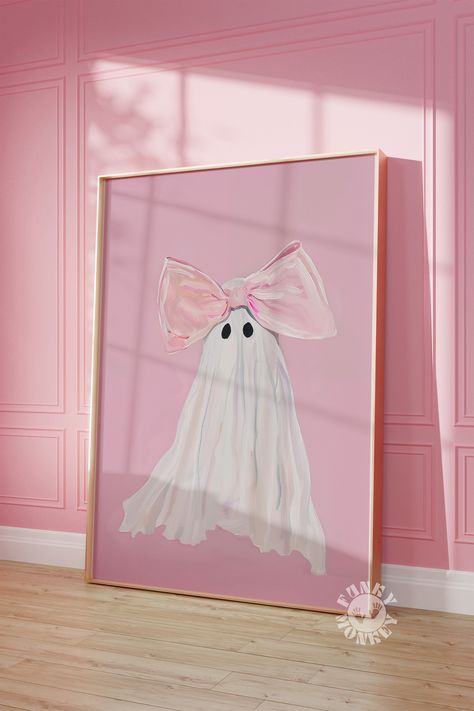 DIGITAL DOWNLOAD: Pink Bow Ghost Wall Art Print, Halloween Decor, Preppy Trendy Printable Art, Coquette Aesthetic, Cute Ghost Painting Girly Print Girls Room NO PHYSICAL PRINT will be shipped to your address You'll receive 2 PDFs: 1 - PDF with a link to the files located in Dropbox 2 - Instructions It's important to read the INSTRUCTIONS PDF to ensure you download the files correctly. Please note...You will need to download and save the files to a computer....not a phone. You will then be able t Pink Halloween House Decor, Cute Pink Halloween Decor, Pink Mantle Decor, Pink Halloween Door Decor, Preppy Halloween Decor, Girly Halloween Decorations, Girly Halloween Party, Pink Halloween Decorations, Pink Halloween Aesthetic