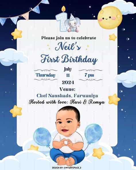 Step into a world of of whimsy with this ‘Lunar Dreamland’ themed first birthday invite! 🌟🎂Featuring a custom caricature of the adorable birthday boy surrounded by dreamy moons, playful elephants, twinkling stars, and fluffy clouds. Crafted with love to make his special day even more magical!🤩😍 #firstbirthday #digitalart #birthdayinvitation #birthdayinvitations #whatsappinvite #digitalinvitations #digitalinvites #custom #custominvitations #custominvitation #custominvites #digitalartist #digi... First Birthday Boy Invitation Card, 1st Birthday Boy Invitations, 1st Birthday Invitation Card, Dreamy Moons, Birthday Caricature, First Birthday Invitation Cards, 1st Birthday Invitations Boy, Boy Party Invitations, First Birthday Invite