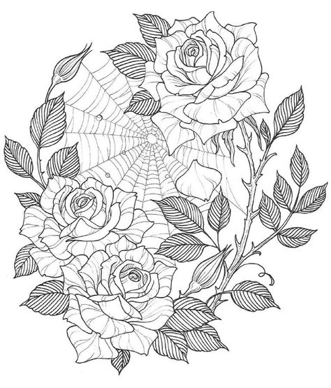 Rose Coloring, Spider Web Tattoo, Rose Coloring Pages, Web Tattoo, Tattoo Outline Drawing, Realistic Rose, Free Adult Coloring Pages, Outline Drawings, Flower Coloring Pages