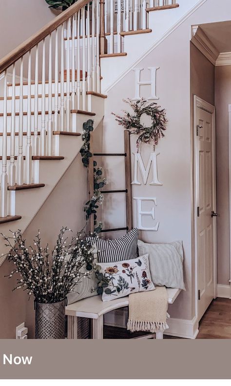 Farmhouse Stairway Decor, Beside Stairs Decor, Bench At Bottom Of Stairs, Entryway Staircase Decor, Entry Way Stair Wall Decor, Stair Entrance Ideas, Bottom Of Stairs Ideas, Entry Way With Stairs Decor, Open Landing Ideas Upstairs