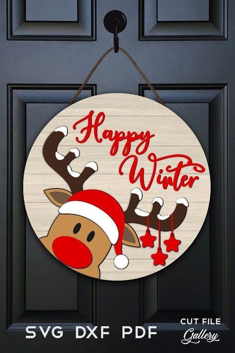 Christmas Cnc Wood Signs, Wood Signs For Christmas, Laser Cut Christmas Door Hanger, Laser Wall Art, Christmas Laser Cut Ideas, Christmas Door Signs, Reindeer Door Hanger, Reindeer Christmas Decorations, Reindeer Door