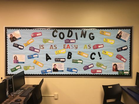 Coding Bulletin Board Ideas, Coding Classroom Decor, Ict Display, Notice Board Decoration, Computer Lab Decor, Computer Classroom, Creative Bulletin Boards, Lab Decor, Scratch Programming