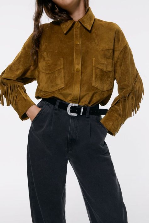 Zara Faux Suede Fringed Overshirt Irina Shayk Photos, Full Gown, Leather Shirt Dress, Burberry Print, Street Style Trends, Runway Trends, Trending Sunglasses, Three Piece Suit, Leather Shirt