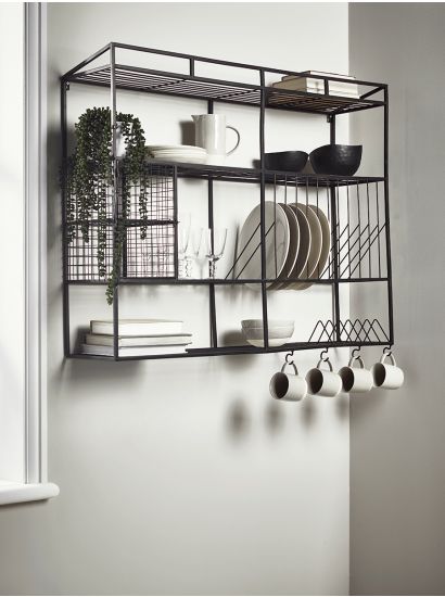 Wall Shelves & Hooks, Small Metal & Wooden Kitchen Shelves with Hooks UK Kitchen Wall Storage, Kitchen Wall Shelves, Industrial Shelving, Industrial Kitchen, Wall Racks, Trendy Kitchen, Wall Storage, House And Home Magazine, A Shelf