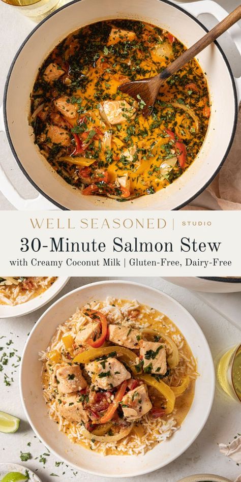 Salmon Soup Recipes, Salmon Stew Recipe, Coconut Salmon, Instant Pot Stew, Salmon Soup, Shrimp Stew, Coconut Milk Soup, Salmon And Shrimp, Salmon And Rice