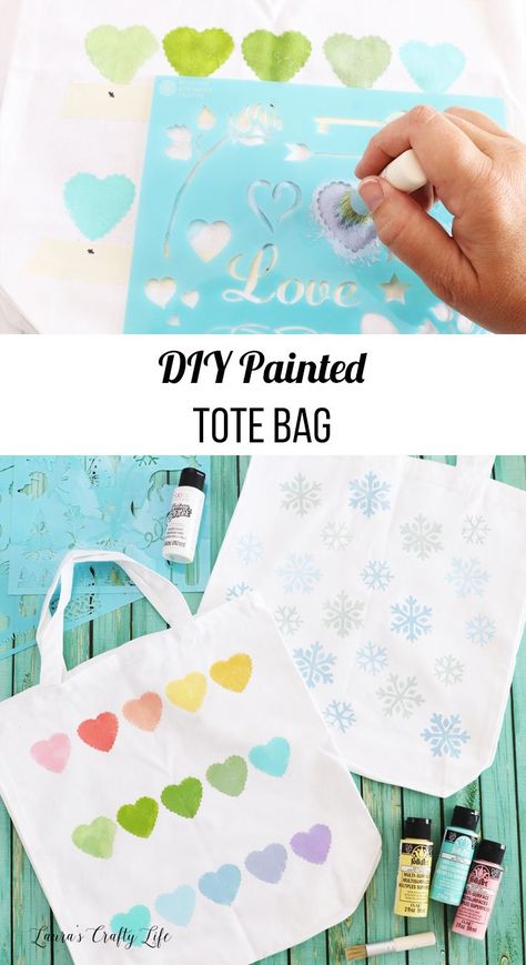 DIY Painted Tote Bag. Learn how to make a painted tote bag. You can make these with any colors or stencils you want, so they make a great gift idea. #ad #plaidcreator #laurascraftylife Diy Painted Tote Bag, Diy Painted Canvas, Painted Canvas Tote, Decorated Tote Bags, Painted Tote Bag, Painted Canvas Bags, Valentine's Day Gifts For Him, Canvas Bag Diy, Ink Techniques