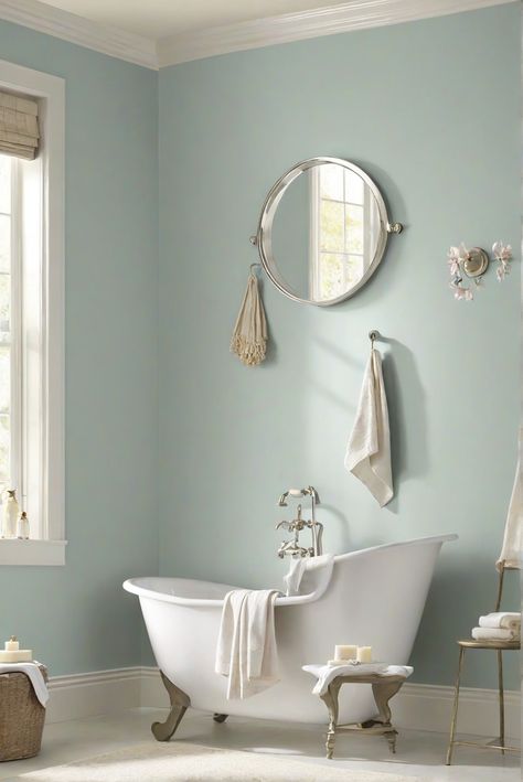 bathroom wall paint,wall paint color,home decorating ideas,interior design services Sw Lullaby Paint, Sw Lullaby, Idea For Bathroom, Painting Bathroom Walls, Pine Kitchen Cabinets, Bathroom Wall Colors, Timeless Paint Colors, Pale Blue Walls, Paint Guide