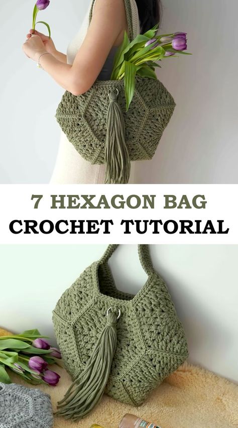 Hexagon Granny Square Bag, Macrame Yarn Crochet, Boho Bag Pattern Free, Fast Crochet Patterns, Crochet Hexagon Pattern, Bag Patterns Crochet, Summer Crochet Bag, Crochet Boho Bag Pattern, Hexagon Bag