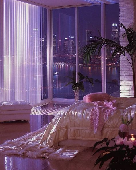 Bedroom Inspirations 80s, 90s Aesthetic Bedroom Ideas, 80s Pink Interior, Sleepy Bedroom Aesthetic, Pink 80s Bedroom, 80s New York Apartment, Vaporwave Apartment, 80s Post Modern Interior Design, 80s Luxury Aesthetic