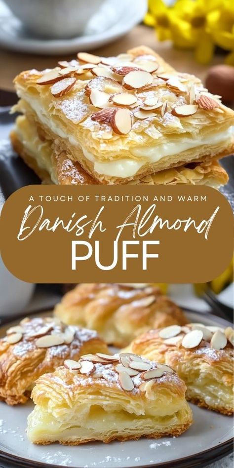 Danish Almond Puff Ingredients: 1 cup all-purpose flour 1/2 cup butter, softened 2 tablespoons water 1 cup water 1/2 cup butter 1 teaspoon almond extract 1 cup all-purpose flour 3 eggs 1/2 cup sliced almonds 1 cup confectioners’ sugar 1 tablespoon milk 1 teaspoon almond extract #Danish #Almond #Puff Almond Pastry Puff, Almond Puff Pastry Danish, Almond Puff Pastry Recipes, Puff Pastry Almond Paste Recipes, Danish Puff Pastry Recipe, Almond Puff Pastry, Almond Puff, Almond Paste Recipes, Almond Filling