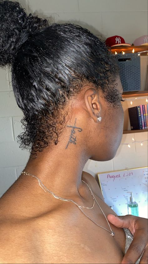 Cross Behind Ear Tattoo Black Women, Faith Behind Ear Tattoo, Behind Ear Tattoo Black Women, Hebrews 11 1 Tattoo Ideas, Small Behind The Ear Tattoo Ideas, Tattoo Ideas Behind Ear, Behind The Ear Tats, Cross Neck Tattoo, Back Of Ear Tattoo