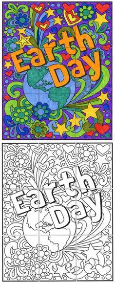 FREE! Try out one of my collaborative templates and see how easy it is to make large and colorful mural. This mini Earth Day mural has just nine pages, but it will show you how my larger ones work. Just print out the pages, trim to the art, color and tape together to make one large 24″ … Read More Kindergarten Earth Day, Art Projects For Kindergarten, Easter Art Projects, Projects For Kindergarten, Collaborative Mural, Earth Day Coloring Pages, Earth Day Posters, Earth Week, Earth Day Projects