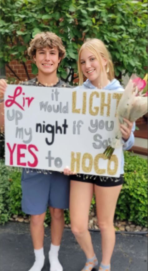 hoco homecoming teenagers love aesthetic cute couple it would light up my night if you said yes to hoco Hoco Boards, Aesthetic Cute Couple, Hoco Signs, Prom Posters, Cute Homecoming Proposals, Hoco Ideas, Love Aesthetic, Hoco Proposals, Aesthetic Cute